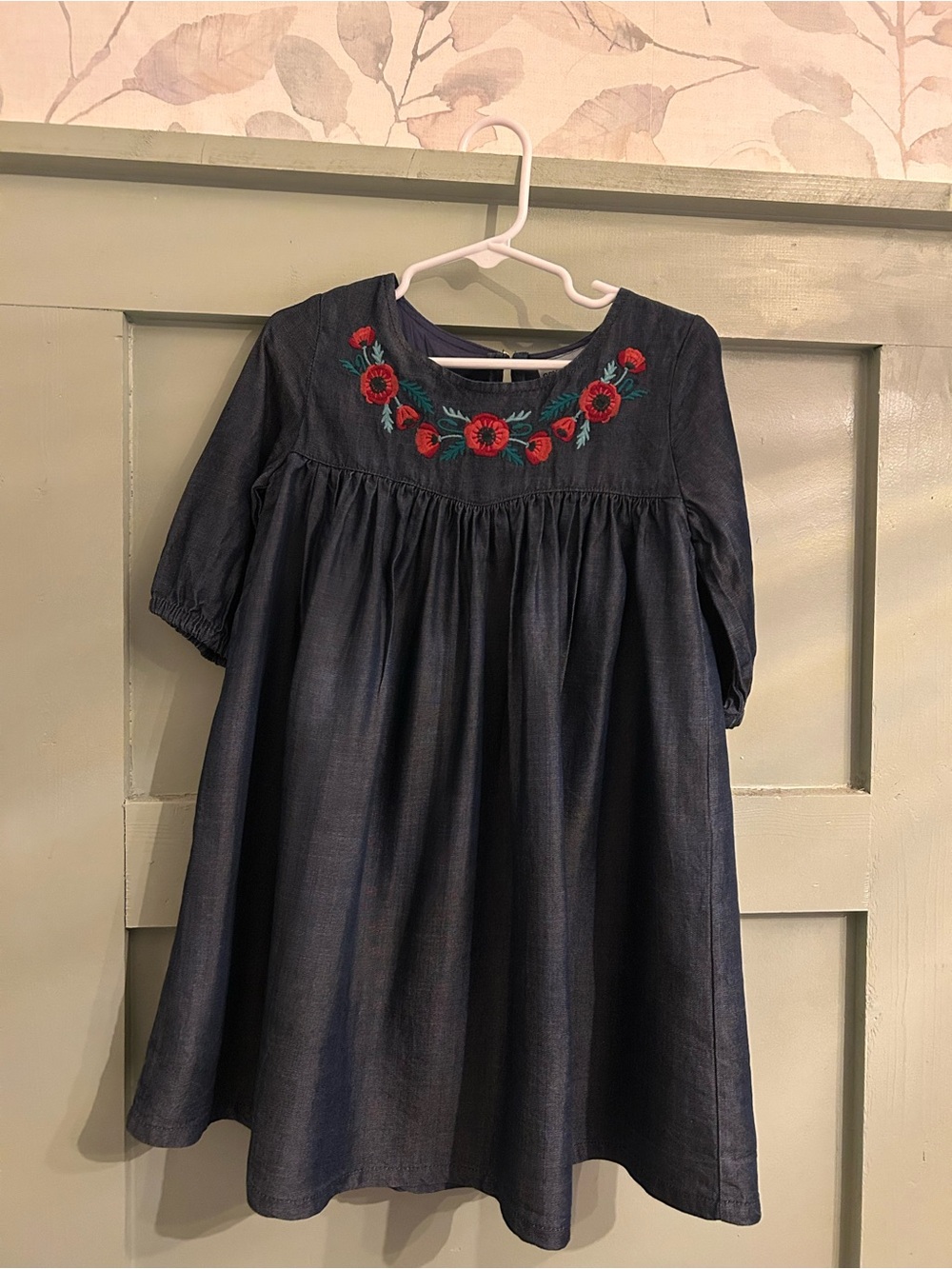 Girls' Navy Dress with Red Floral Embroidery